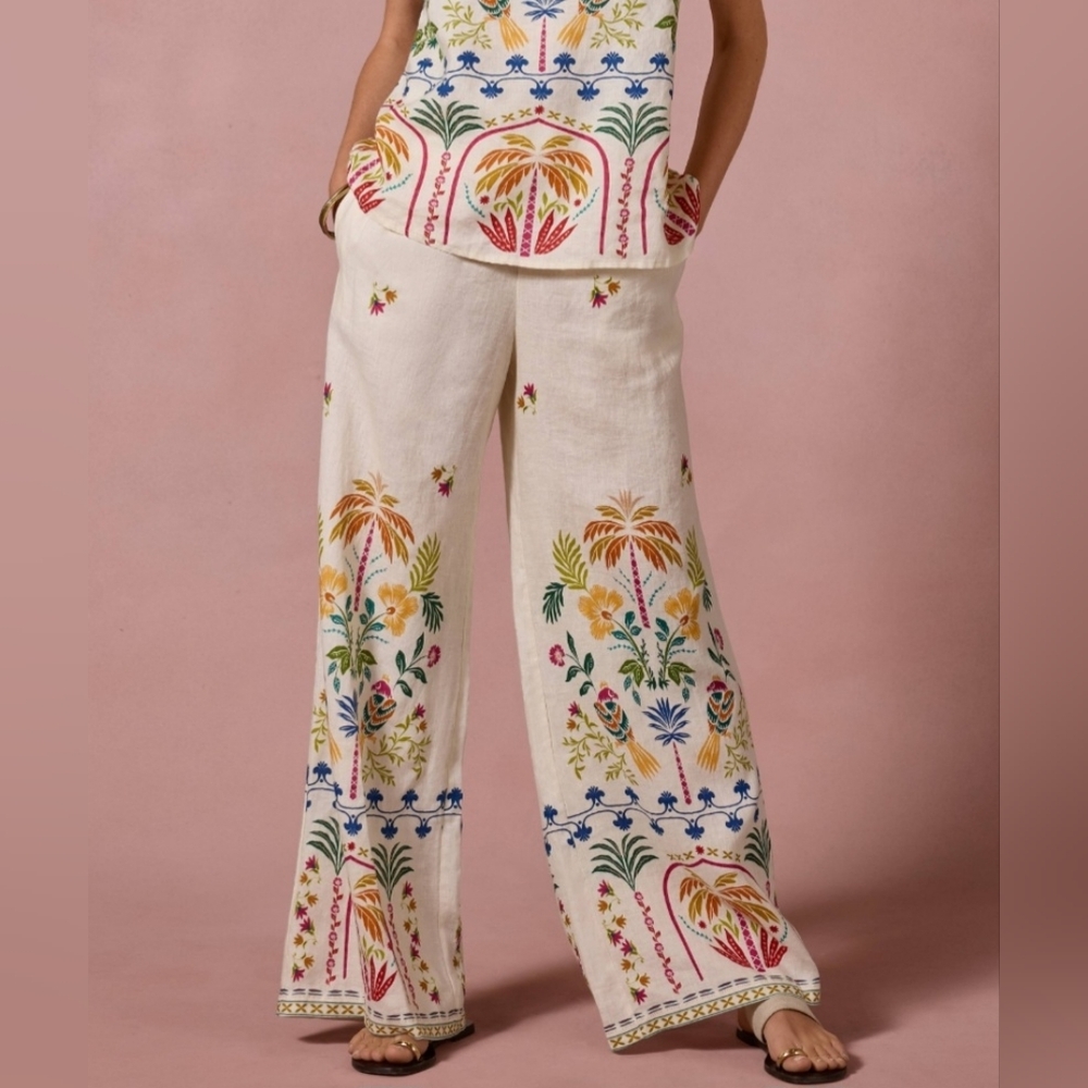 Johnny Was Pants L Ivory 100% Linen Soller Wide Leg Embroidered Boho New $225 - Picture 7 of 16